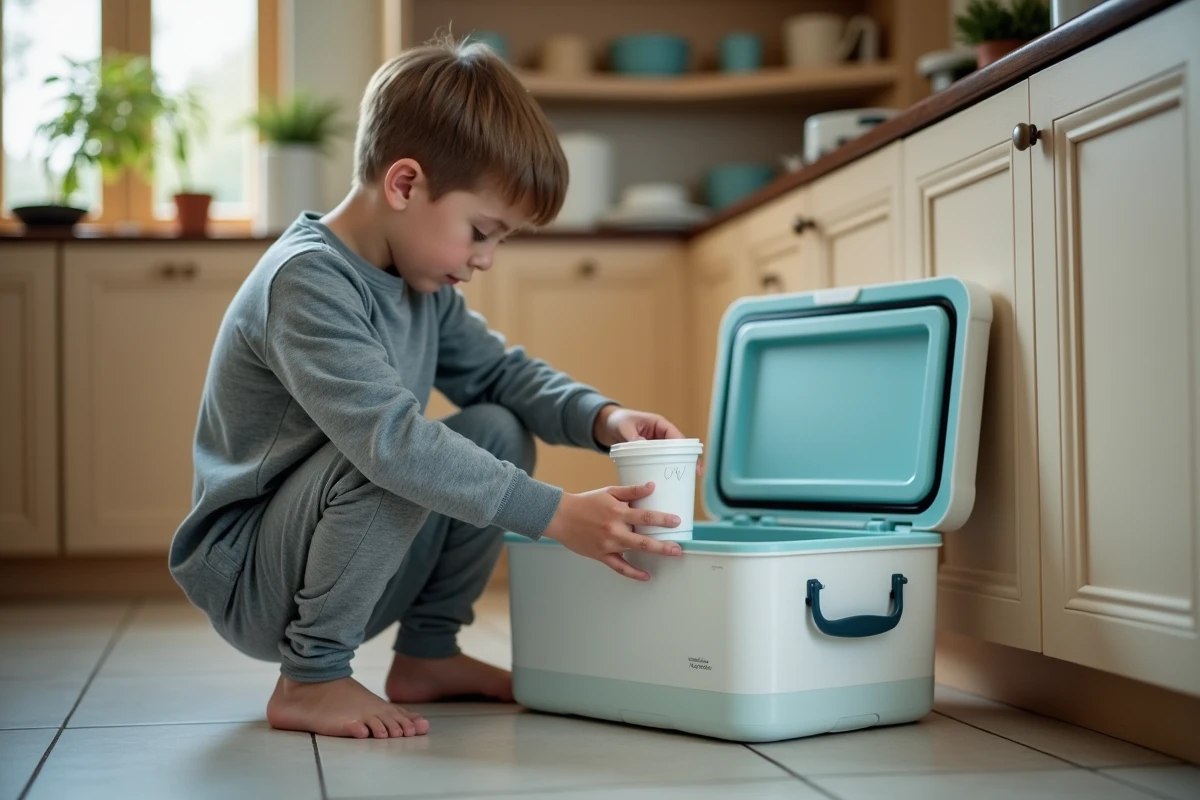 Adolescent plaçant un yaourt maison dans une glacière en cuisine