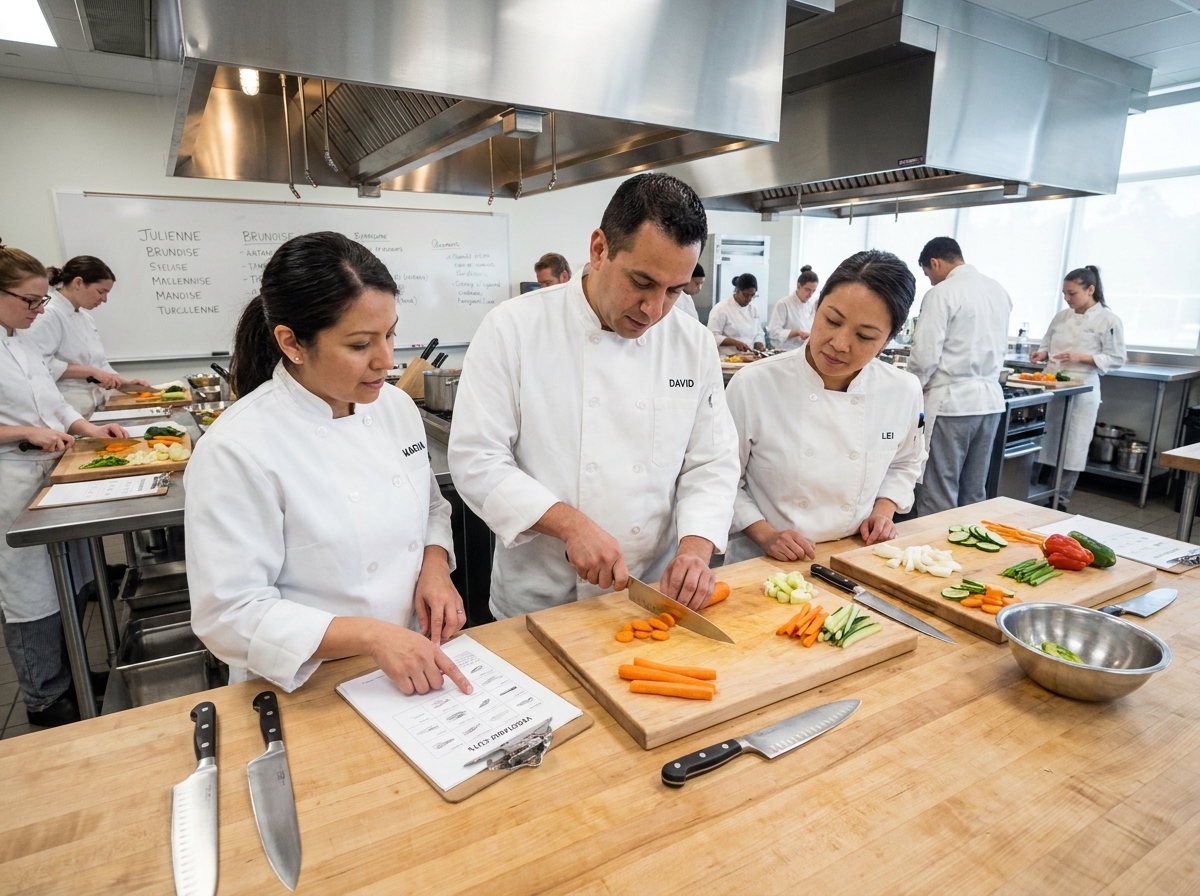 Groupe d'adultes en reconversion professionnelle pratiquant des techniques de découpe lors d'un cours CAP cuisine en école