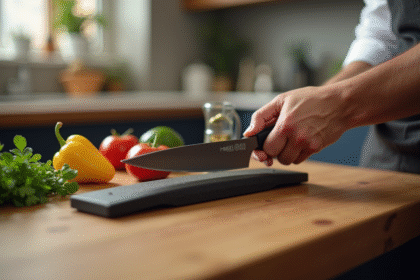 Chef utilisant une pierre à aiguiser pour un couteau professionnel