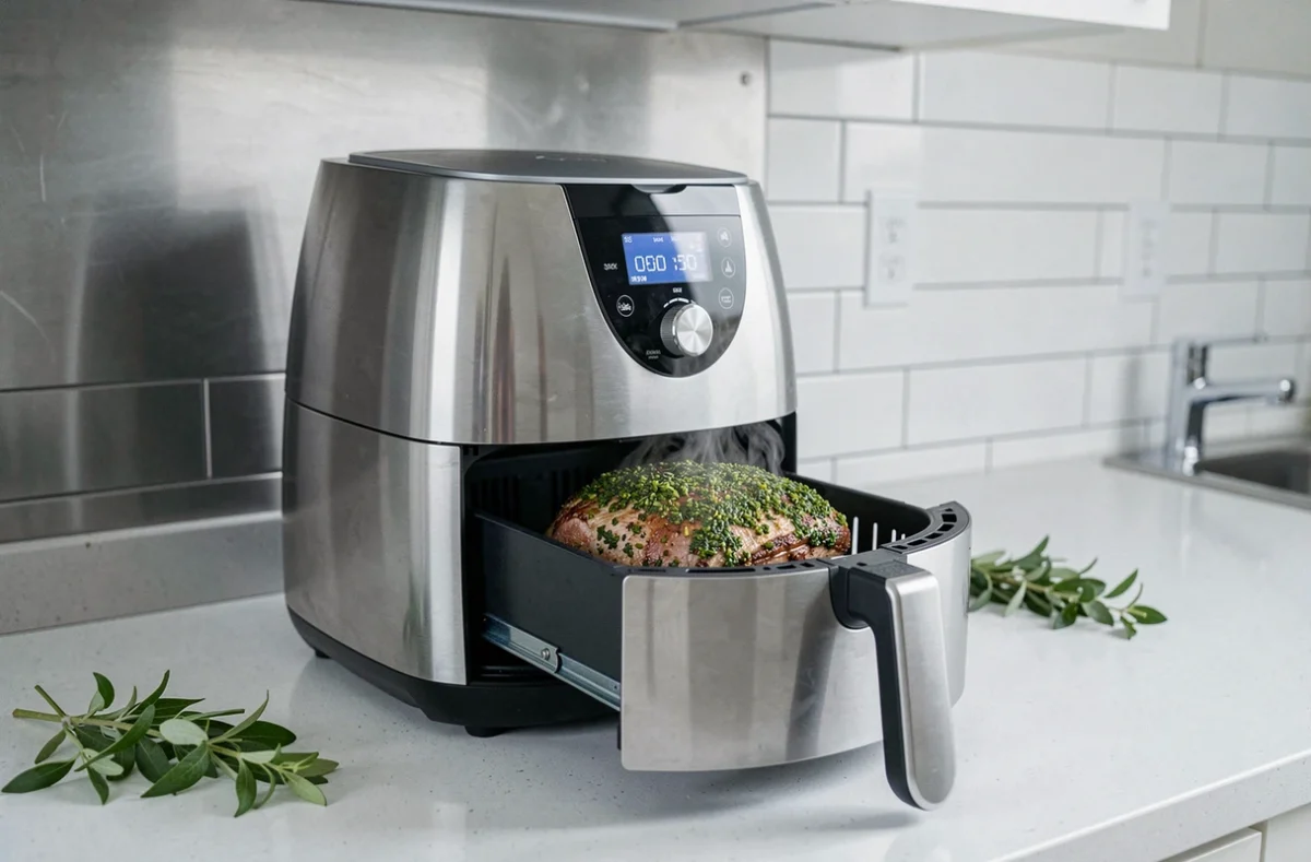 Airfryer ouvert montrant un rôti de porc en croûte d'herbes en cours de cuisson dans une cuisine moderne