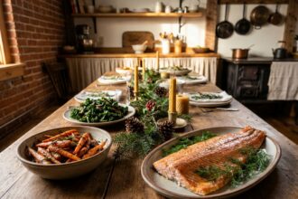 Table de fête rustique avec saumon frais, carottes et chou kale, aliments bénéfiques pour la santé des yeux