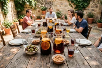 Grande tablée en plein air avec des carafes d'Americano apéritif posées sur une table en bois rustique, entourées de verres et de tapas, pour une organisation conviviale de service en quantité