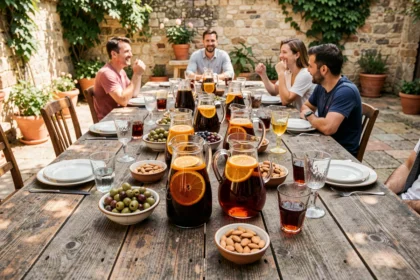 Grande tablée en plein air avec des carafes d'Americano apéritif posées sur une table en bois rustique, entourées de verres et de tapas, pour une organisation conviviale de service en quantité