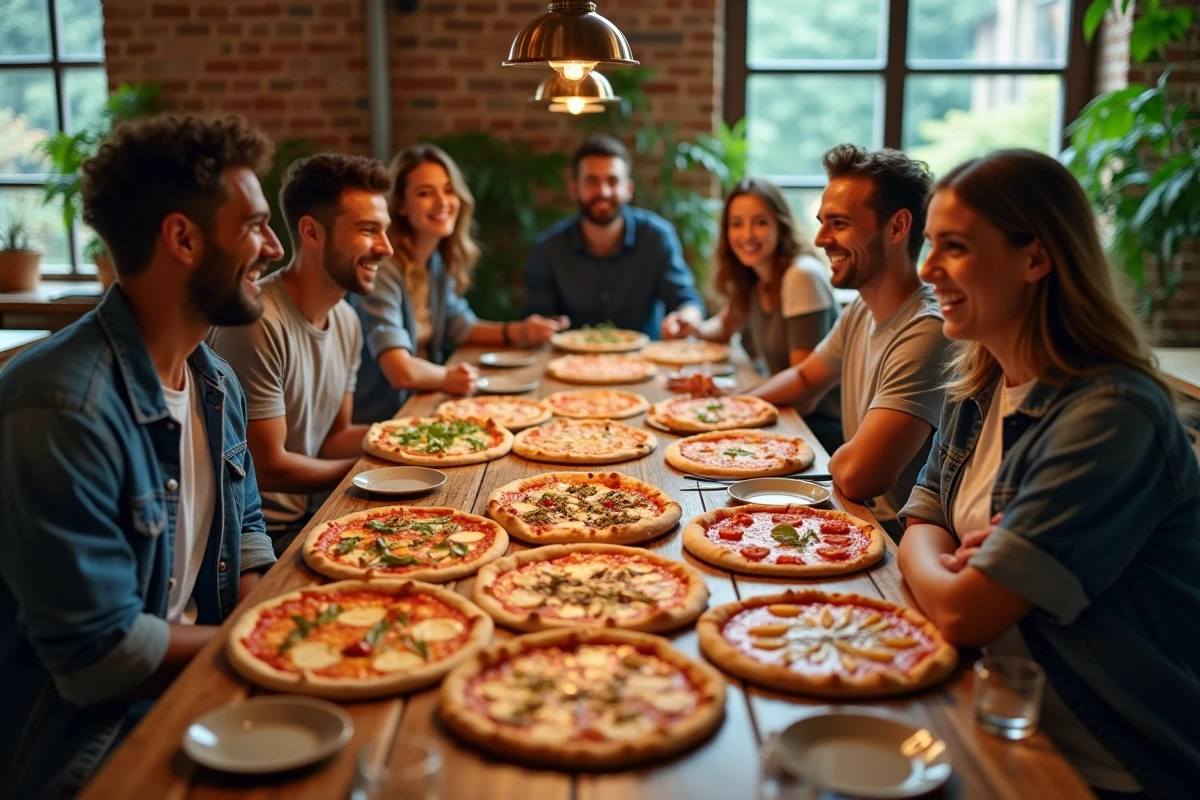 Groupe d amis dégustant plusieurs pizzas maison dans une ambiance chaleureuse