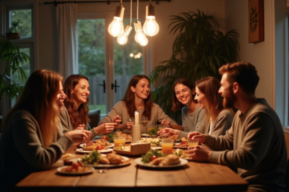 Groupe d'amis partageant un repas convivial à la maison