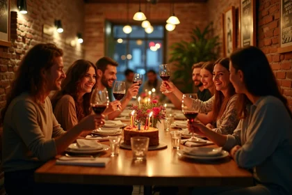 Groupe d'amis fêtant un anniversaire dans une brasserie chaleureuse de Toulouse avec gâteau et verres levés