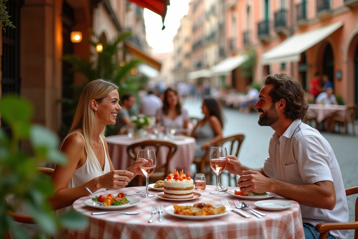 Couple célébrant un anniversaire en terrasse d'un restaurant toulousain avec gâteau et vue sur l'architecture rose de la ville