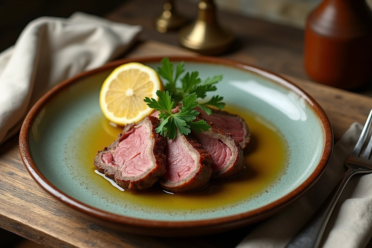 Assiette rustique de couille de mouton cuisinée garnie de persil et citron sur une table en chêne dans un bistrot de campagne français