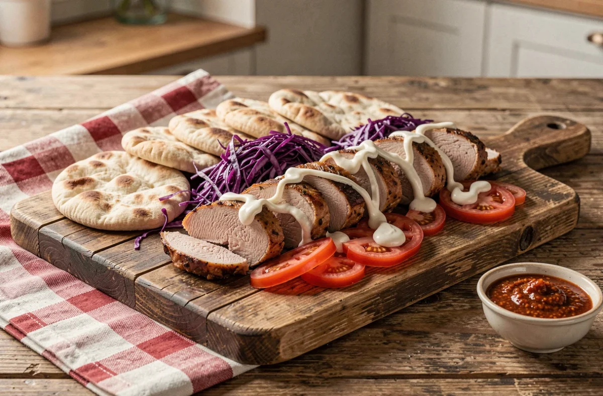 Assiette de kebab maison aux escalopes de dinde air fryer servies avec pain pita, chou rouge, tomates et sauce yaourt à l'ail