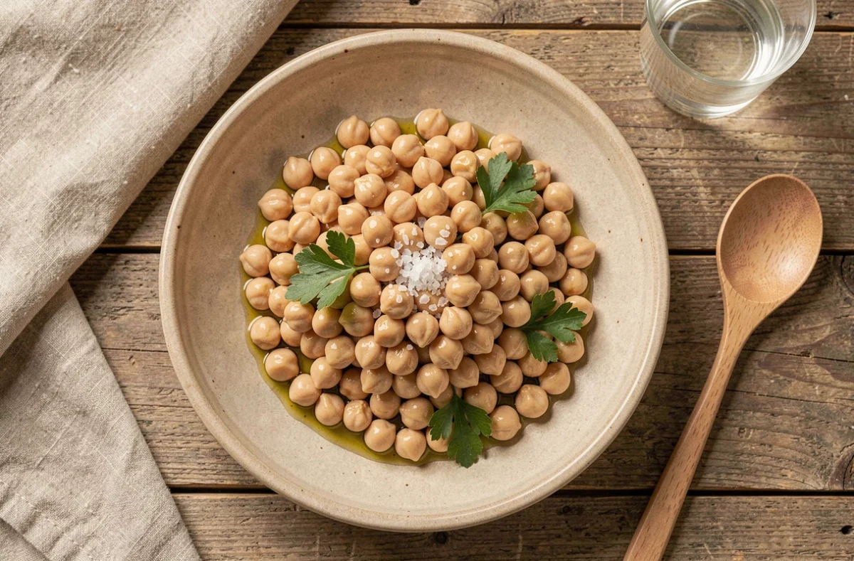 Assiette de pois chiches cuits moelleux à l'huile d'olive et au persil frais sur une table en bois