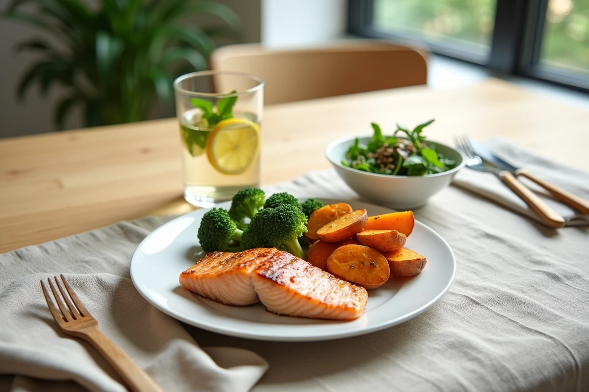 Assiette de repas sain avec saumon grillé, légumes vapeur et salade pour perdre du poids