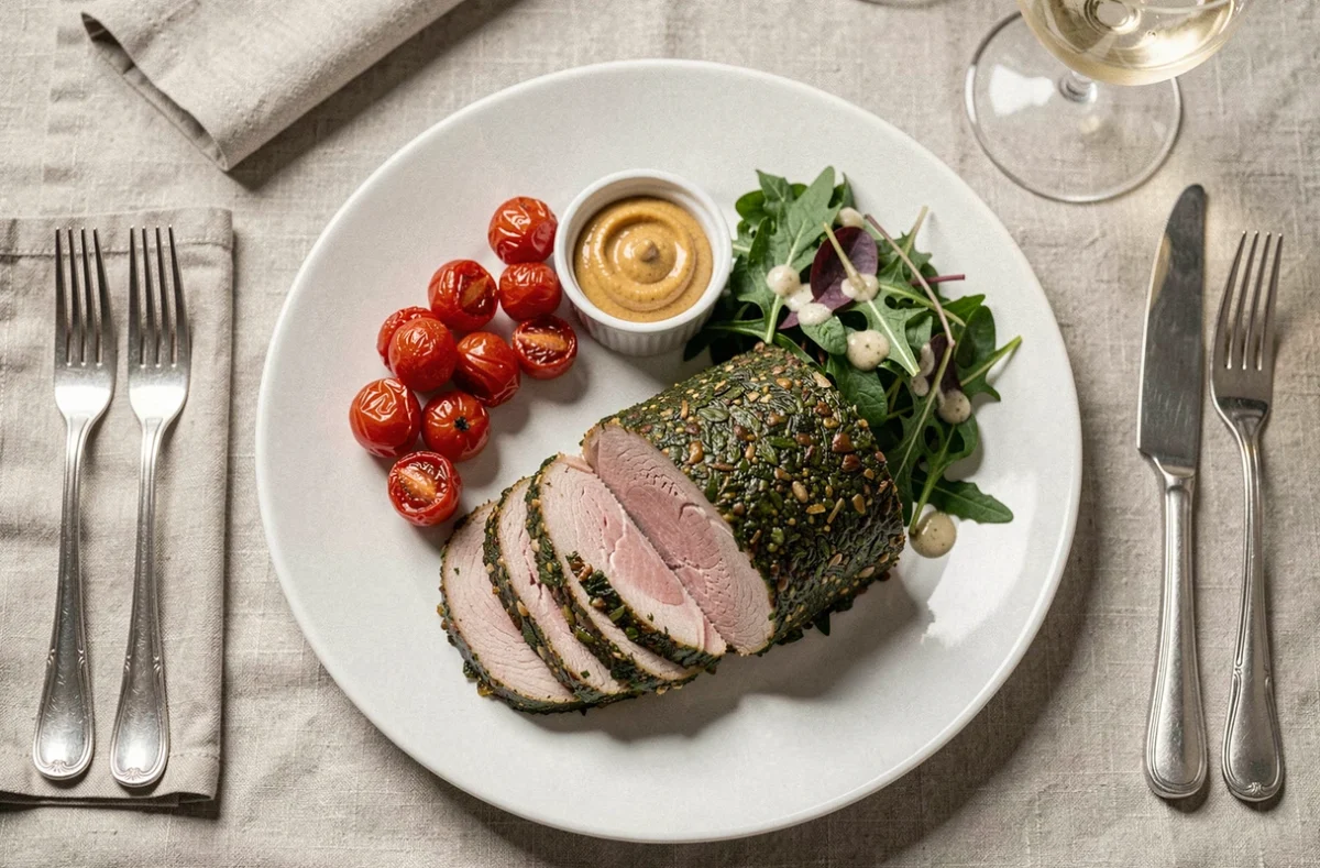 Assiette élégante de rôti de porc en croûte d'herbes avec tomates rôties et salade verte pour un repas léger