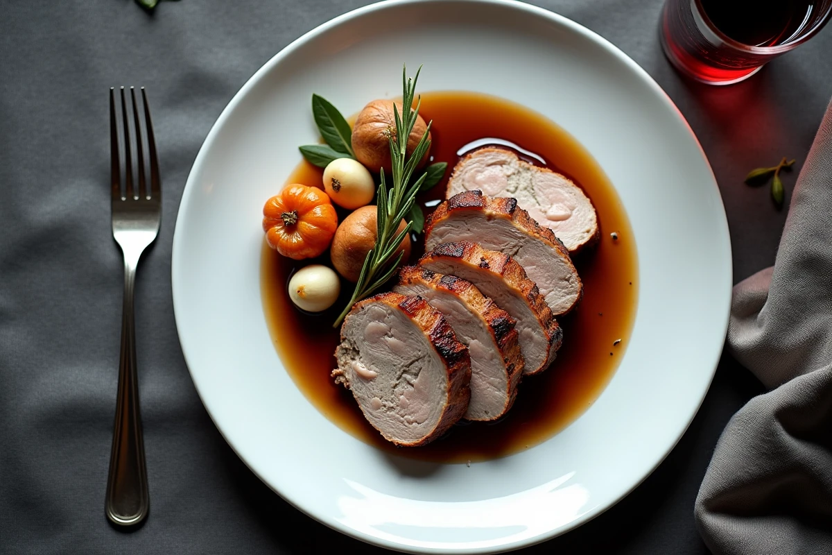 Assiette de rôti de porc tranché nappé de jus de fond de veau avec légumes rôtis et herbes fraîches