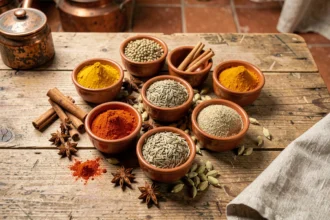 Assortiment d'épices variées disposées dans des bols en céramique sur une table en bois rustique dans une cuisine de chef