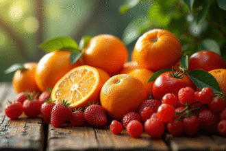 Assortiment de fruits frais commençant par T sur une table en bois