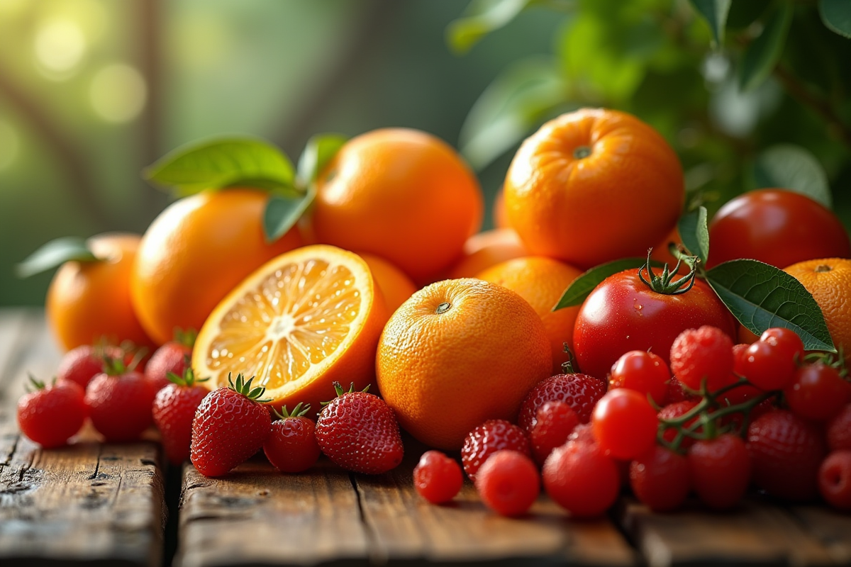 Assortiment de fruits frais commençant par T sur une table en bois
