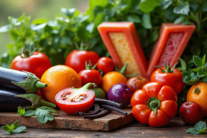 Assortiment coloré de légumes et fruits V sur une table en bois