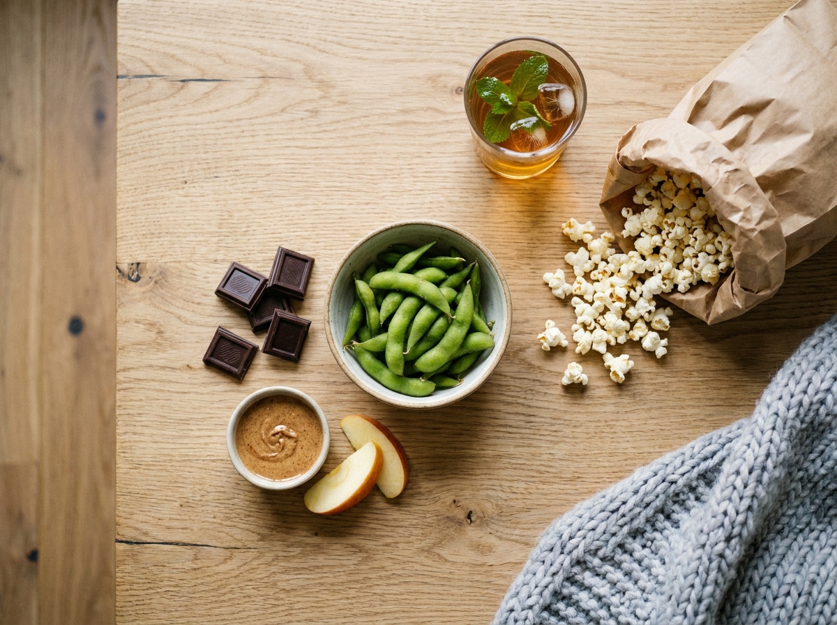Vue aérienne d'un assortiment de snacks sains sur une table basse en chêne : edamame, chocolat noir, pomme avec beurre d'amande et pop-corn kraft pour une soirée série