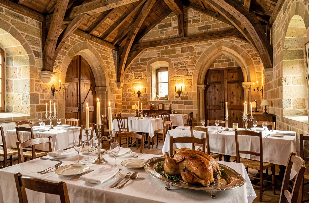 Salle de l'Auberge de l'Abbaye à Ambronay, intérieur en grès médiéval avec voûtes romanes, tables dressées et plat de poulet de Bresse sur plateau en argent