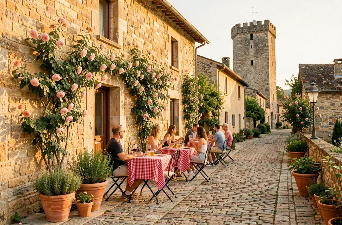 Terrasse extérieure de l'Auberge de la Tour à Marcolès, village médiéval du Cantal en pierre dorée avec tables de bistrot et tour ancienne en arrière-plan