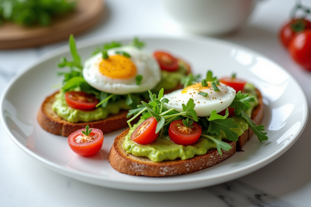 Toast complet avec avocat et oeufs pochés sur une assiette moderne
