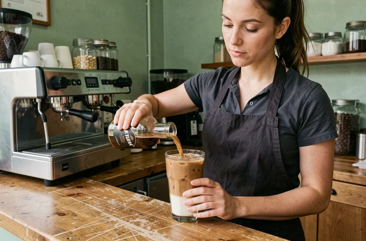 Barista versant du Kahlúa dans un frappé glacé derrière le comptoir d'un café artisanal