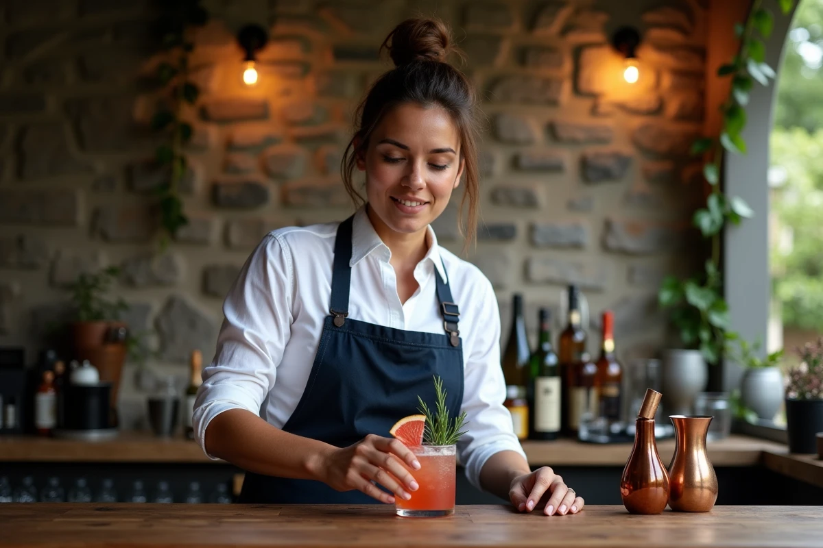 Barmaid parisienne garnissant un cocktail artisanal sur le comptoir d'une terrasse en pierre couverte de lierre