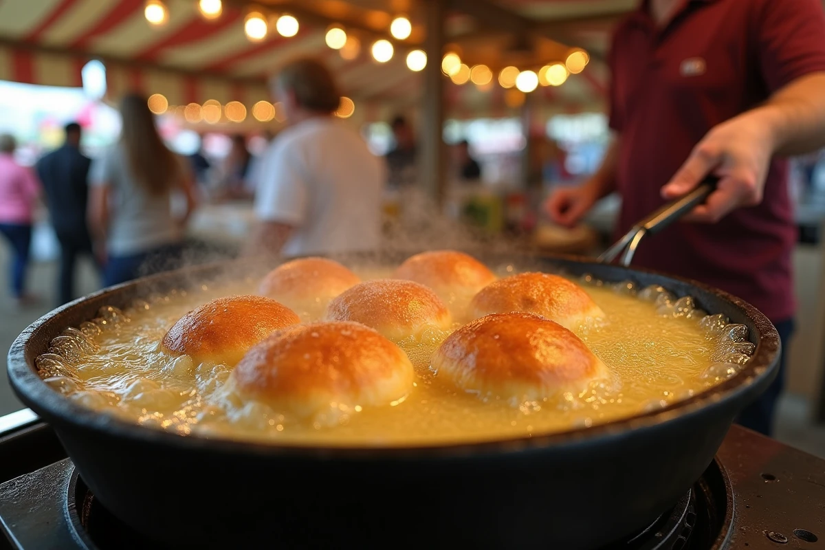 Beignets aux pommes en train de frire dans une poêle en fonte à un stand de foire traditionnel en plein air