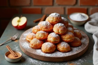 Beignets aux pommes moelleux saupoudrés de sucre glace sur une planche en bois rustique, style cuisine campagnarde