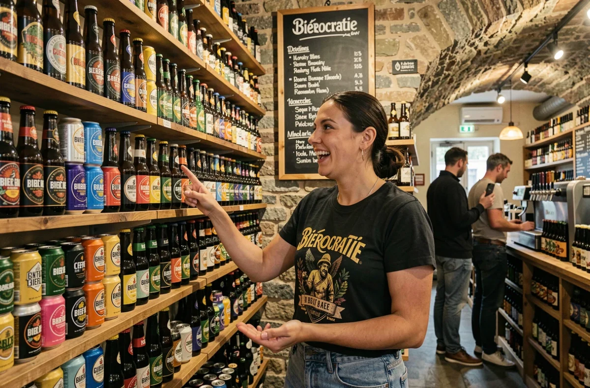 Barista de Biérocratie dans le 13e arrondissement de Paris désignant un mur de bouteilles et canettes de bières artisanales colorées sur des étagères en bois, dans une cave à bière aux murs en pierre apparente.