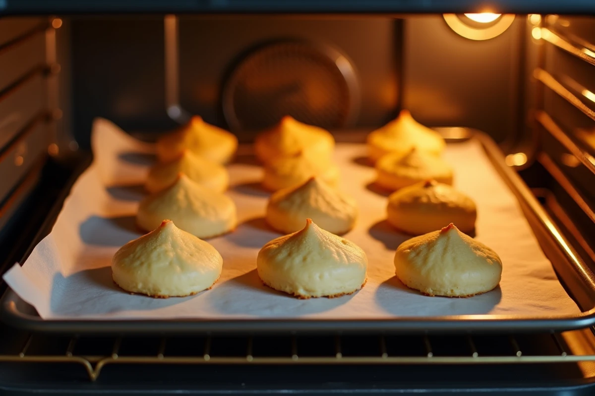 Plateau de biscuits cuillère en train de cuire dans un four domestique, montrant des biscuits bien levés et d'autres aplatis sur papier cuisson