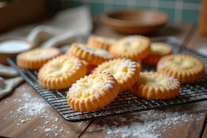 Biscuits cuillère maison sur grille de refroidissement, certains bien levés et d'autres plats, sur un plan de travail en bois avec sucre glace