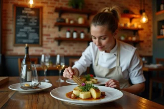 Chef dans un bistro lillois préparant un plat traditionnel aux endives et fromages régionaux