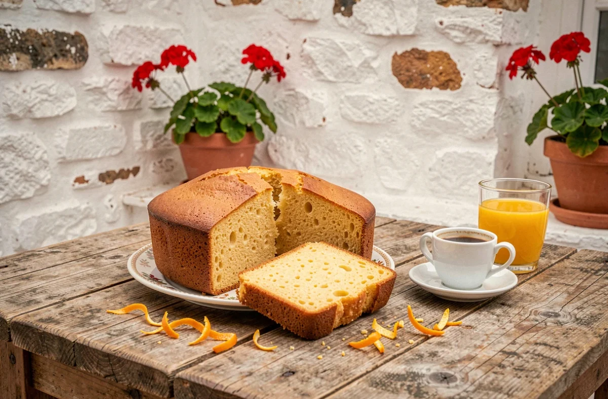 Bizcocho espagnol moelleux tranché sur terrasse andalouse avec café et jus d'orange dans une ambiance méditerranéenne
