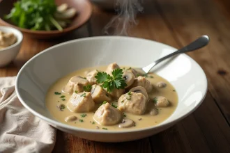 Blanquette de veau maison servie dans un bol blanc en céramique avec sauce crémeuse, champignons et persil frais sur une table en bois rustique