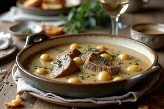Blanquette de veau maison servie dans un plat en céramique rustique sur une table en chêne avec du pain et un verre de vin blanc