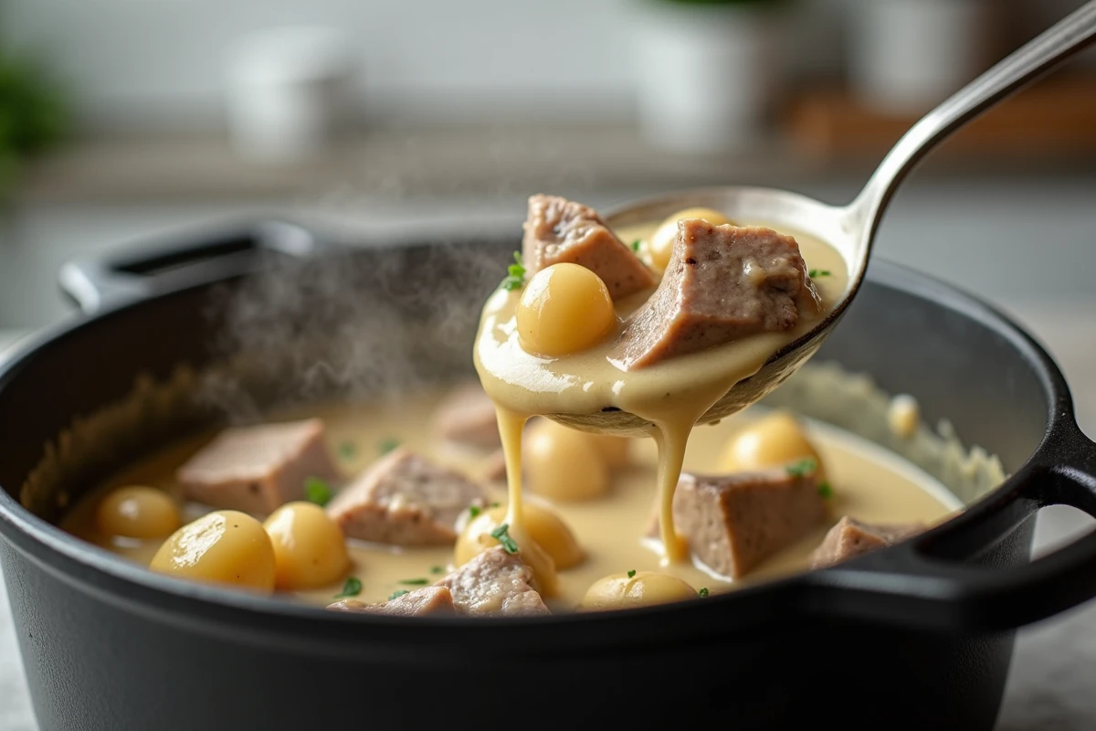 Gros plan d'une louche versant la sauce crémeuse sur une blanquette de veau dans une cocotte en fonte