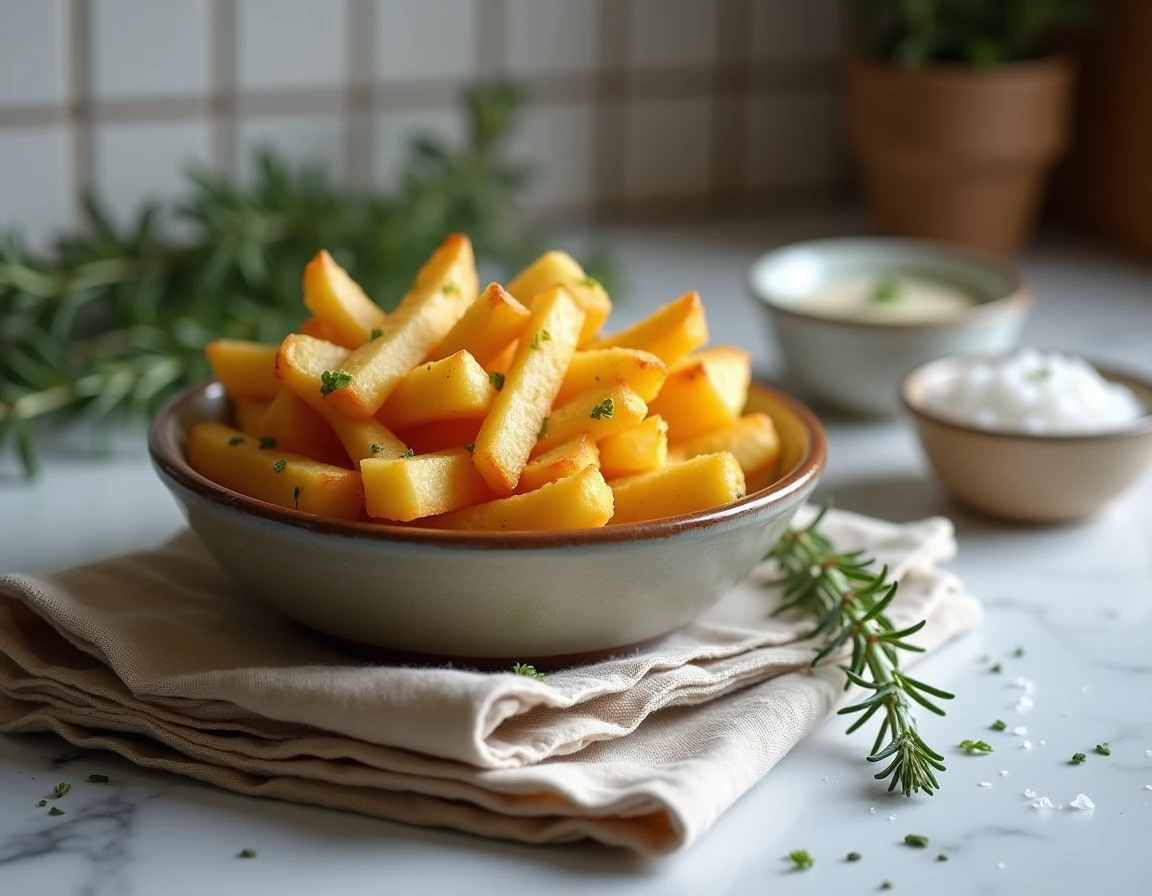 Bol de frites de courge longue de Nice au four servies avec une sauce dip aux herbes sur un comptoir en marbre