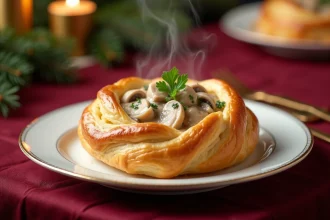 Bouchée à la reine garnie de sa farce crémeuse au poulet et champignons, servie sur une assiette en porcelaine blanche dorée sur une table de Noël festive
