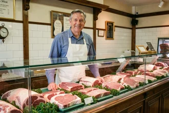 Boucher en tablier blanc derrière un comptoir vitré rempli de viandes fraîches dans une boucherie traditionnelle française
