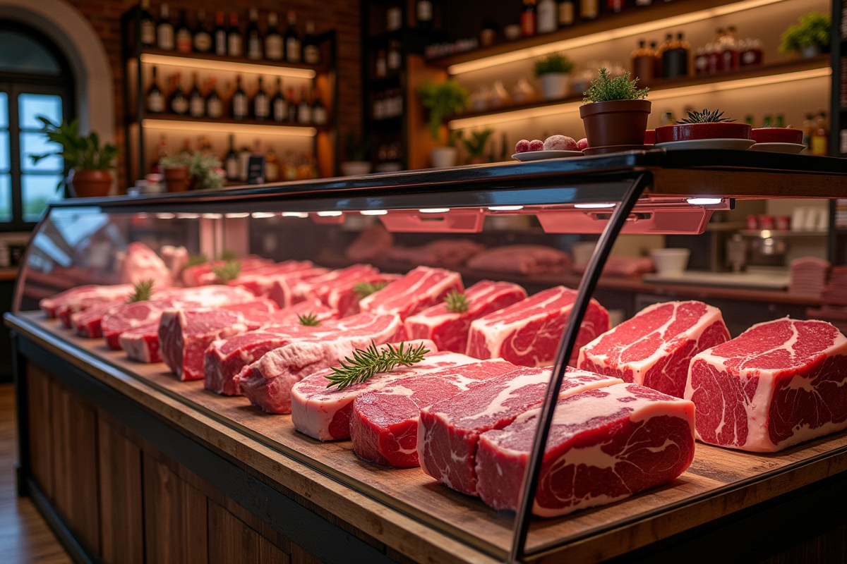 Vitrine de boucherie à Rennes avec viandes fraîches et décor rustique