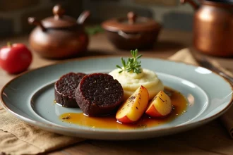 Assiette rustique de boudin noir accompagné de pommes caramélisées et purée crémeuse sur table en chêne