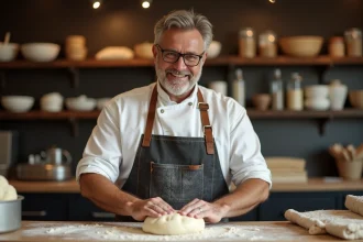 Boulanger moyen age en train de plier la pate dans une boulangerie rustique