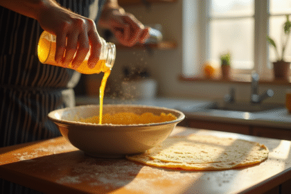Boulanger versant de la bière dorée dans une pâte à crêpes sur un plan de travail en bois