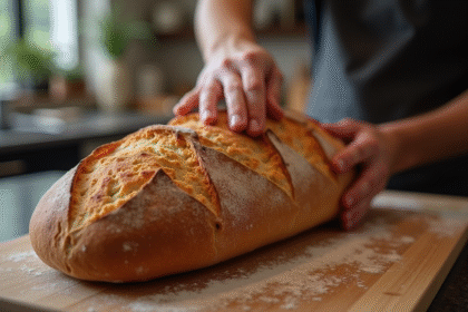 Main de boulanger brûlant un pain rustique doré