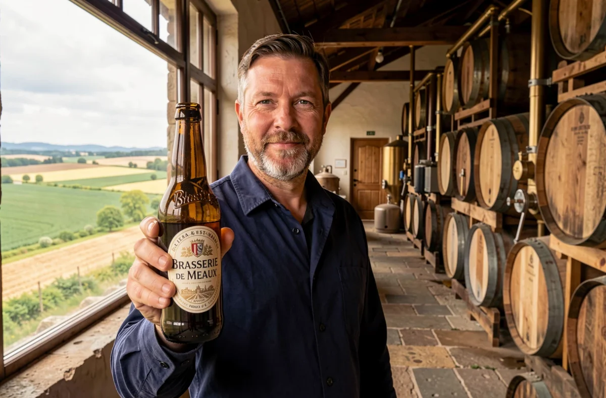 Brasseur de la Brasserie de Meaux en Seine-et-Marne tenant fièrement une bouteille de bière artisanale locale devant une fenêtre donnant sur la campagne briarde, entouré de fûts en bois et d'équipements brassicoles traditionnels.