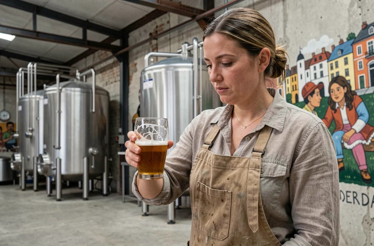 Brasseuse de la Brasserie de la Goutte d'Or dans le 18e arrondissement de Paris inspectant un verre de bière artisanale dorée devant les cuves de fermentation en inox, dans un cadre industriel aux murs en béton ornés de fresques murales.