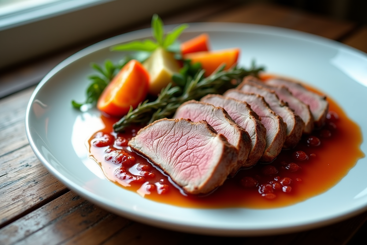 Tranches de canard rosé élégamment disposées sur une assiette blanche avec légumes colorés