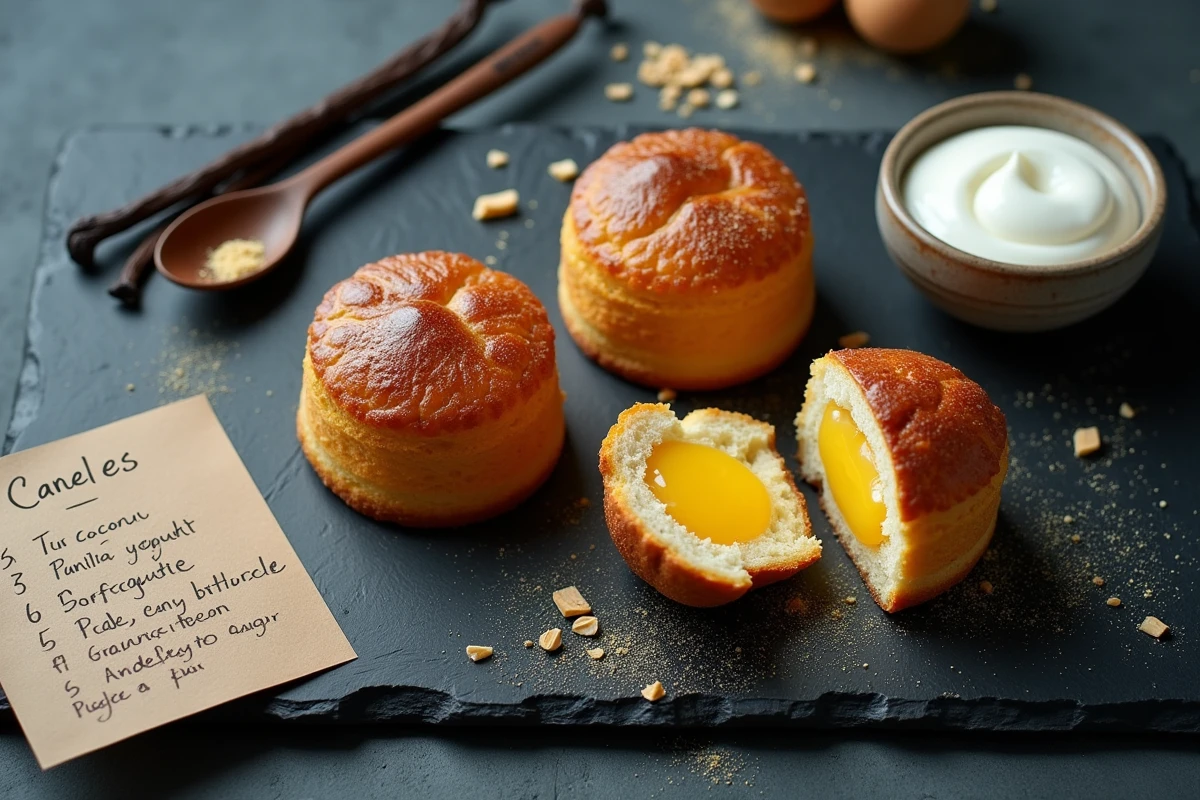 Canelés coupés en deux révélant leur intérieur moelleux, présentés avec du yaourt et des gousses de vanille pour une version allégée