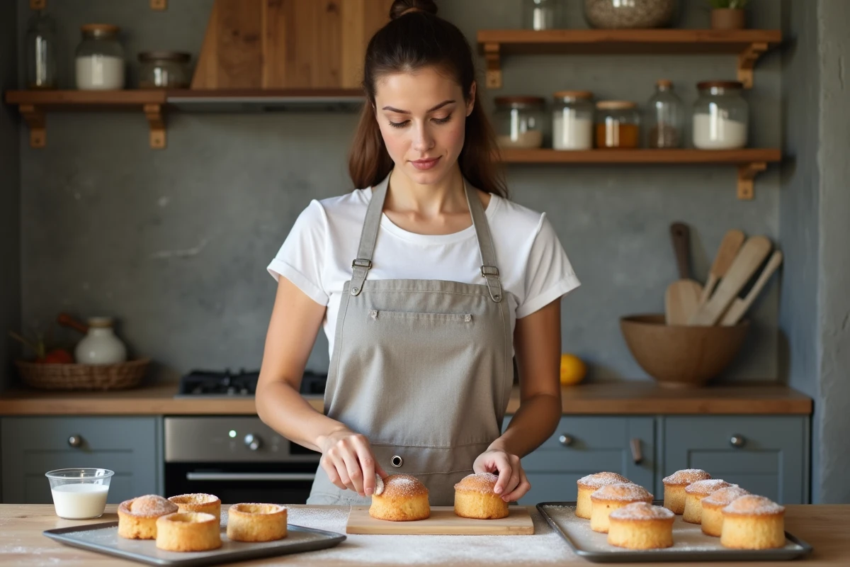 Femme retirant des canelés d'un moule en silicone dans une cuisine moderne, pour une version allégée maison